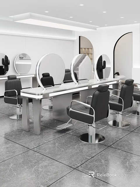 Modern Hair Salon Interior With Black Leather Chairs Round Mirrors And Metal Worktables 3d model 