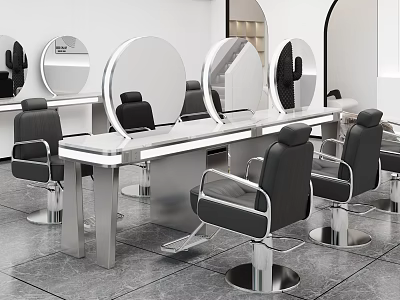 Modern Hair Salon Interior With Black Leather Chairs Round Mirrors And Metal Worktables 3d model