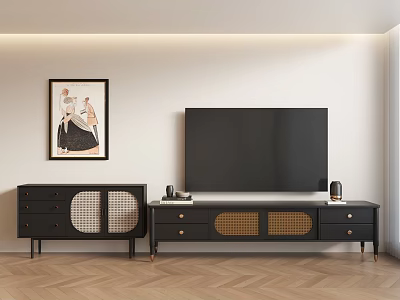 Black Wooden TV Stand With Rattan Panel Doors Drawers And Flat Screen TV 3d model