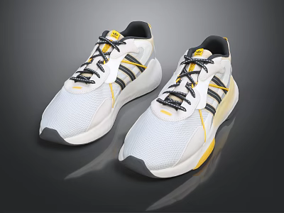White Sporty Shoes With Yellow Black Stripes Mesh Upper And Casual Design 3d model