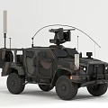 Military Utility Vehicle with Camouflage Paint Roof Mounted Equipment and Large Tires