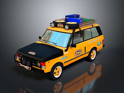 Yellow Vintage Off Road SUV With Copper Logo Roof Rack And Storage Boxes 3d model