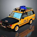 Yellow Vintage Off Road SUV With Copper Logo Roof Rack And Storage Boxes