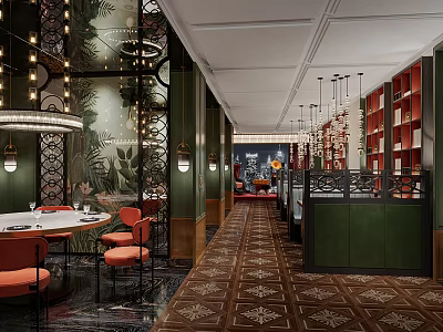 Elegant Restaurant Interior With Green Walls Orange Chairs Chandeliers Bookshelves And Patterned Carpet 3d model