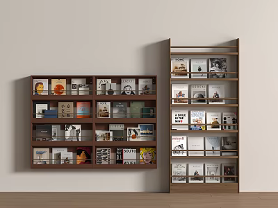 Modern Wooden Bookshelves Filled With Books And Decorative Items Against Light Wall 3d model