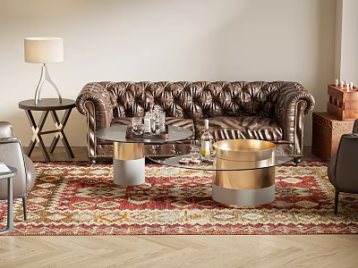 Elegant Modern Tufted Leather Sofa and Round Glass Coffee Table Set in Living Room Interior 3d model