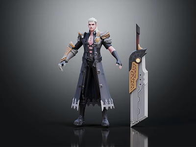 Fantasy Warrior Character With White Hair Ornate Coat And Decorative Greatsword 3d model