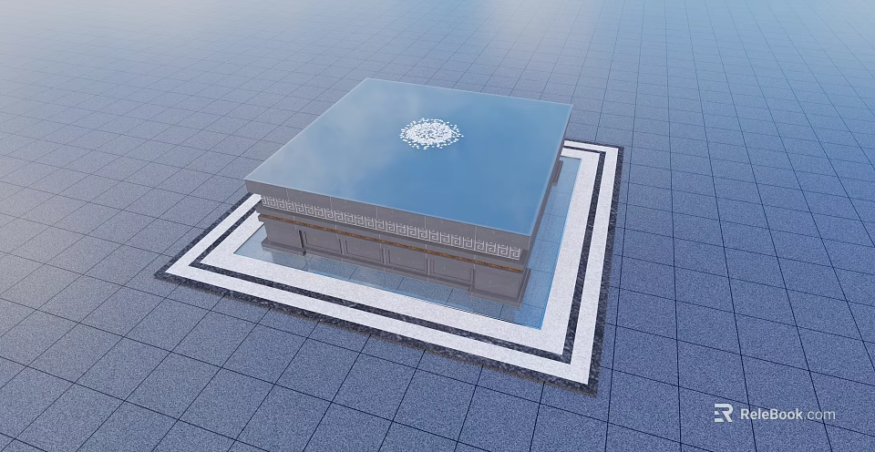 Square Water Fountain With Ornate Top Pattern And Marble Border On Tile Floor 3d model 