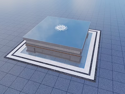 Square Water Fountain With Ornate Top Pattern And Marble Border On Tile Floor 3d model