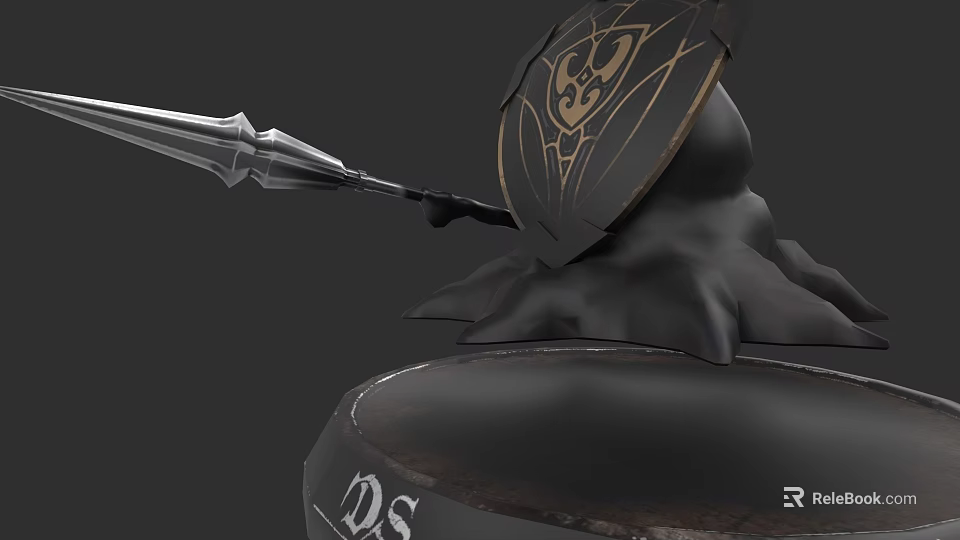 Mythical Warrior Creature With Golden Patterned Shield And Silver Spear On Dark Base 3d model 