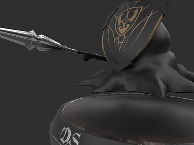 Mythical Warrior Creature With Golden Patterned Shield And Silver Spear On Dark Base 3d model