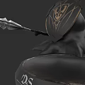 Mythical Warrior Creature With Golden Patterned Shield And Silver Spear On Dark Base