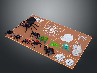 Spiders on a brown board with different colors and various styles of spider webs 3d model