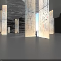 Art Installation With Tall Columns Featuring Calligraphy In Spacious Modern Interior With Standing Person