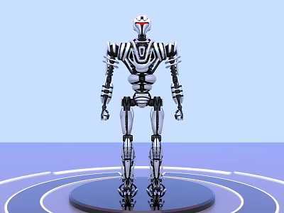 Detailed Mechanical Robot Sculpture on Circular Platform with Light Blue Background 3d model