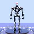 Detailed Mechanical Robot Sculpture on Circular Platform with Light Blue Background