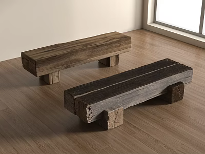 Two Rustic Wooden Stools On Wooden Floor With Natural Window Light 3d model
