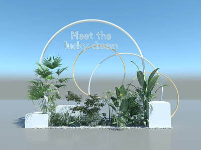 Floral Art Installation with Circular Rings Green Plants White Pedestals and Lucky Dream Theme 3d model
