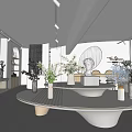 Modern Boutique Store Interior With Round White Table Vases Green Blue Flowers And Round Mirror
