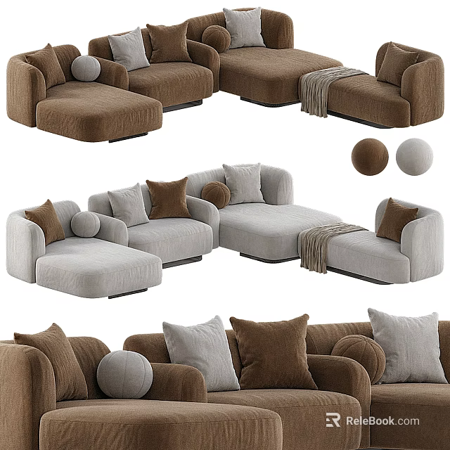 Brown And Gray Sectional Sofa With Pillows Ottoman And Throw Blanket 3d model 