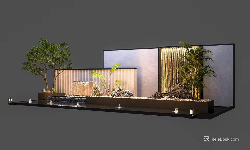 Garden Feature Wall With Waterfall Greenery Stones And Ambient Lighting 3d model 