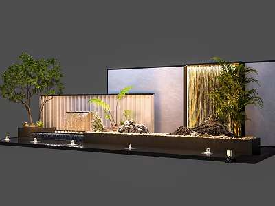 Garden Feature Wall With Waterfall Greenery Stones And Ambient Lighting 3d model