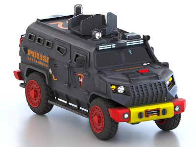 Police SWAT Armored Vehicle with Black Body Red Wheels Yellow Bumper and Roof Tactical Gear 3d model