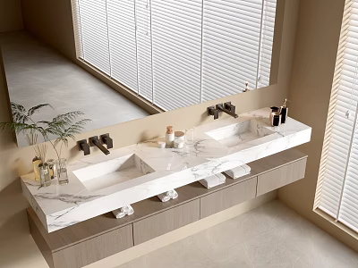 Modern Bathroom Vanity With Marble Countertop Double Sinks Wooden Cabinets And Large Mirror 3d model