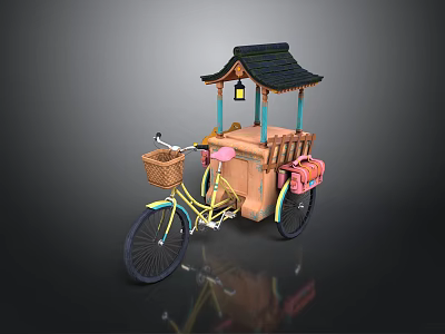 Traditional Bicycle With Pagoda Style Roof Lantern Basket And Pink Cart 3d model