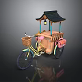 Traditional Bicycle With Pagoda Style Roof Lantern Basket And Pink Cart