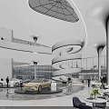 Modern Car Showroom Interior Design With Spiral Staircase Large Windows And Luxury Cars