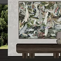 Large Abstract Painting In Modern Interior With Wooden Bench White Lamp And Greenery View
