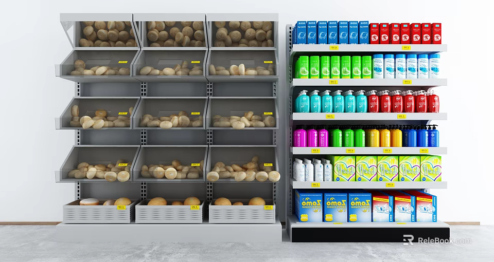Neatly Arranged Display Shelves With Bread Items Colorful Beverages And Boxed Products 3d model 