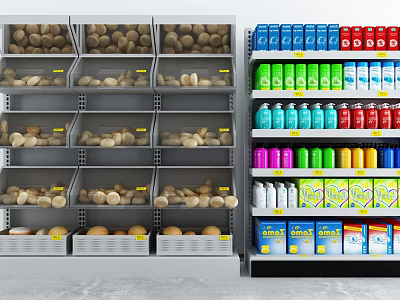 Neatly Arranged Display Shelves With Bread Items Colorful Beverages And Boxed Products 3d model