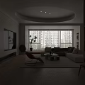 Modern Living Room Interior With Beige Sofa Red Accent Chair Round Ceiling And Large Windows