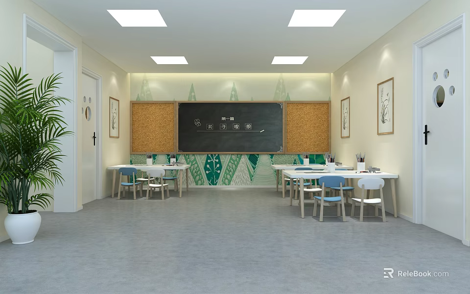 School Classroom Interior With Blackboard Desks Chairs Green Pattern Wall Decor And Potted Plant 3d model 