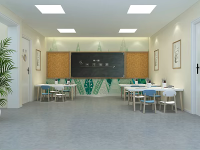 School Classroom Interior With Blackboard Desks Chairs Green Pattern Wall Decor And Potted Plant 3d model