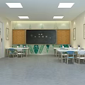 School Classroom Interior With Blackboard Desks Chairs Green Pattern Wall Decor And Potted Plant