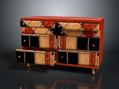 Artistic Wooden Cabinet With Geometric Patterns Red Black Panels Drawers And Doors Design 3d model
