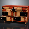 Artistic Wooden Cabinet With Geometric Patterns Red Black Panels Drawers And Doors Design