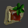 Cartoon Scene With Small Hut Red Awning Palm Tree Colorful Items And Flying Birds