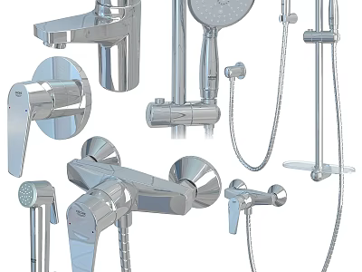 Different Types of Bathroom Faucets Including Shower Heads and Handheld Models with Chrome Finish 3d model