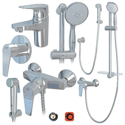 Different Types of Bathroom Faucets Including Shower Heads and Handheld Models with Chrome Finish 3d model