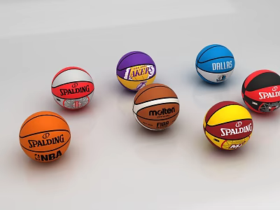 Basketball Gym Showcasing Multiple Branded Basketballs With Team Logos And Designs 3d model