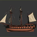 Vintage Sailing Ship Model With Multiple Masts White Sails And Orange Hull