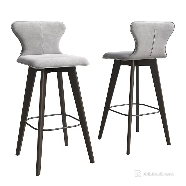Modern Bar Stools With Gray Upholstered Seats Curved Backrest And Dark Wooden Legs 3d model 