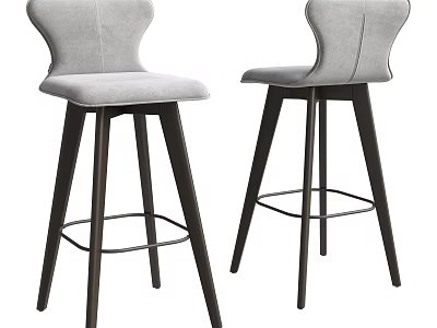 Modern Bar Stools With Gray Upholstered Seats Curved Backrest And Dark Wooden Legs 3d model