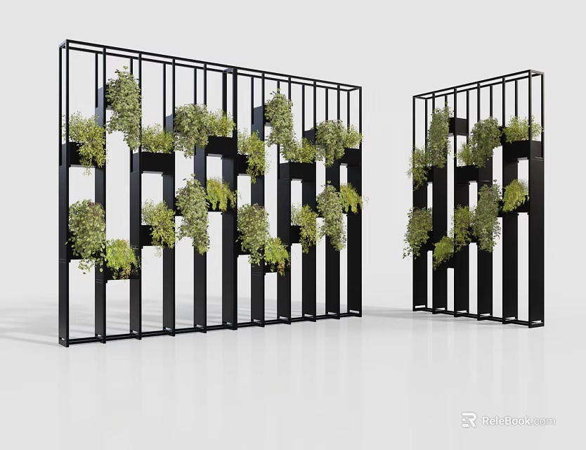 Vertical Garden Decor Screen with Black Metal Frames and Green Plants in Planters 3d model 