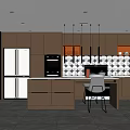 Modern Open Kitchen Interior Design With Beige Cabinets Island Counter And Tile Backsplash 3d model