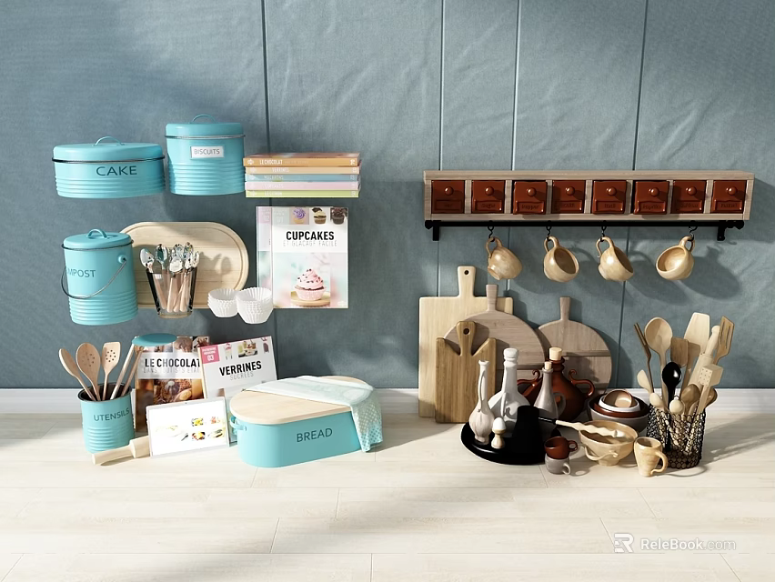 Turquoise Kitchen Dinnerware Set With Wooden Chopping Boards Wall Mounted Cup Rack And Utensils 3d model 